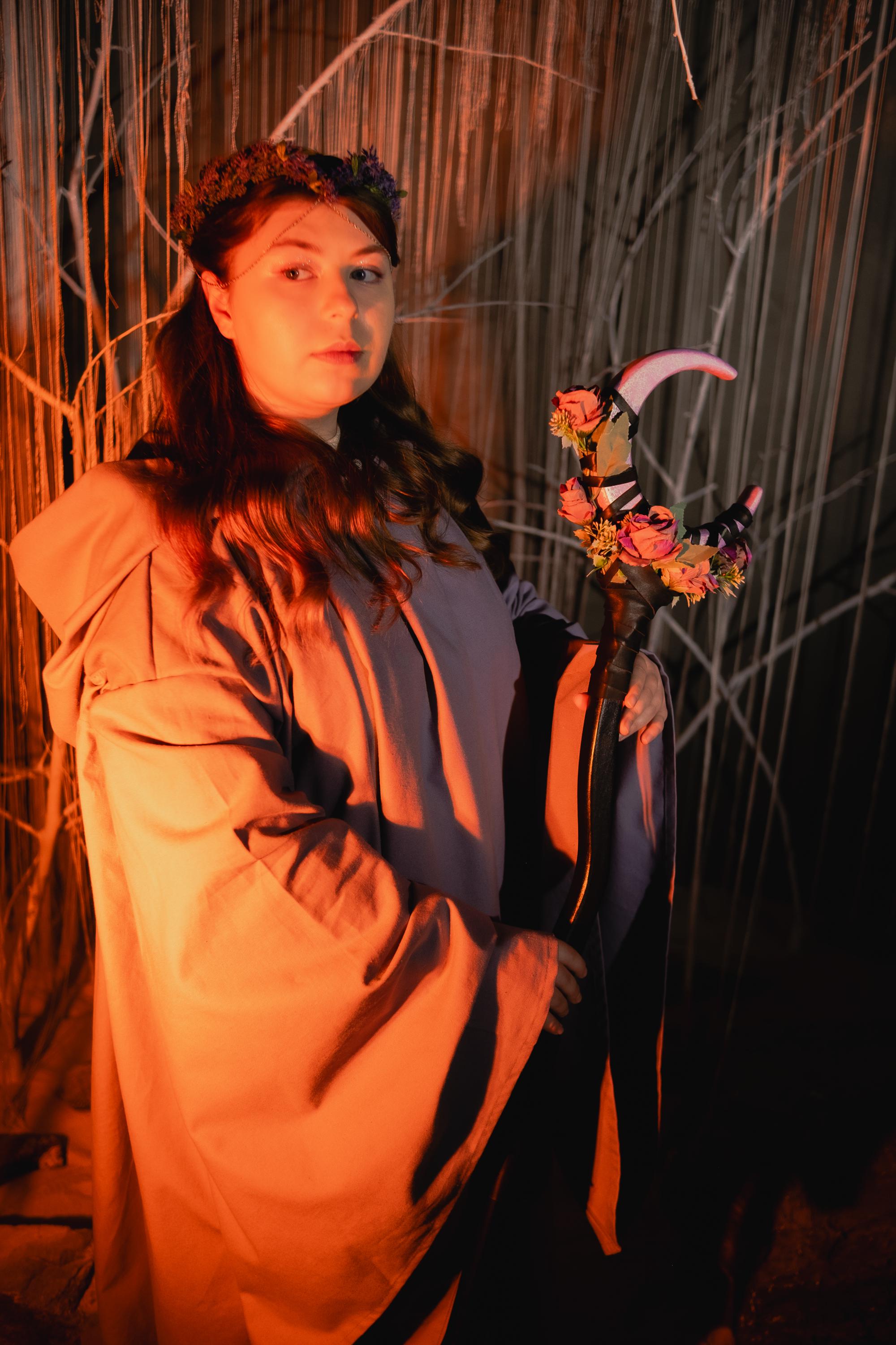 Petal Moon Charm –  Floral Crescent Wood Wizard Staff, Alder Fantasy Staff, Blossom Magic Cane, Rose Moon Stave, Nature Inspired Costume