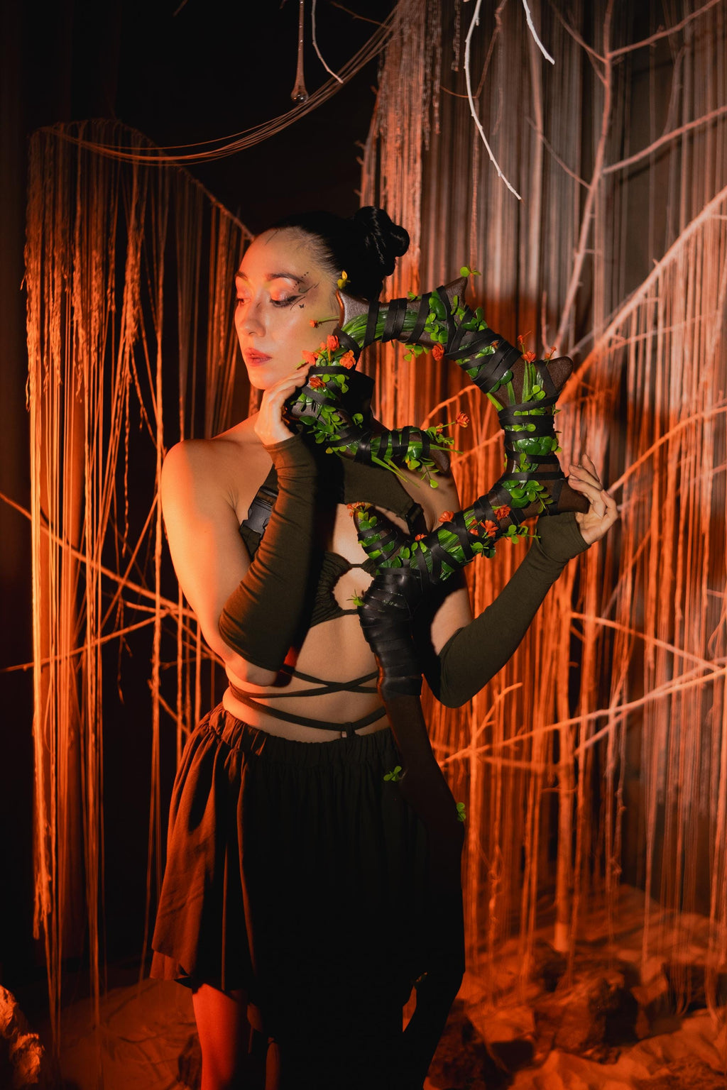 The Swamp Druid Staff with Red Flowers, Druid Сane, Wooden Fantasy Prop for Tiefling, Genasi Cleric, Wizard Costume