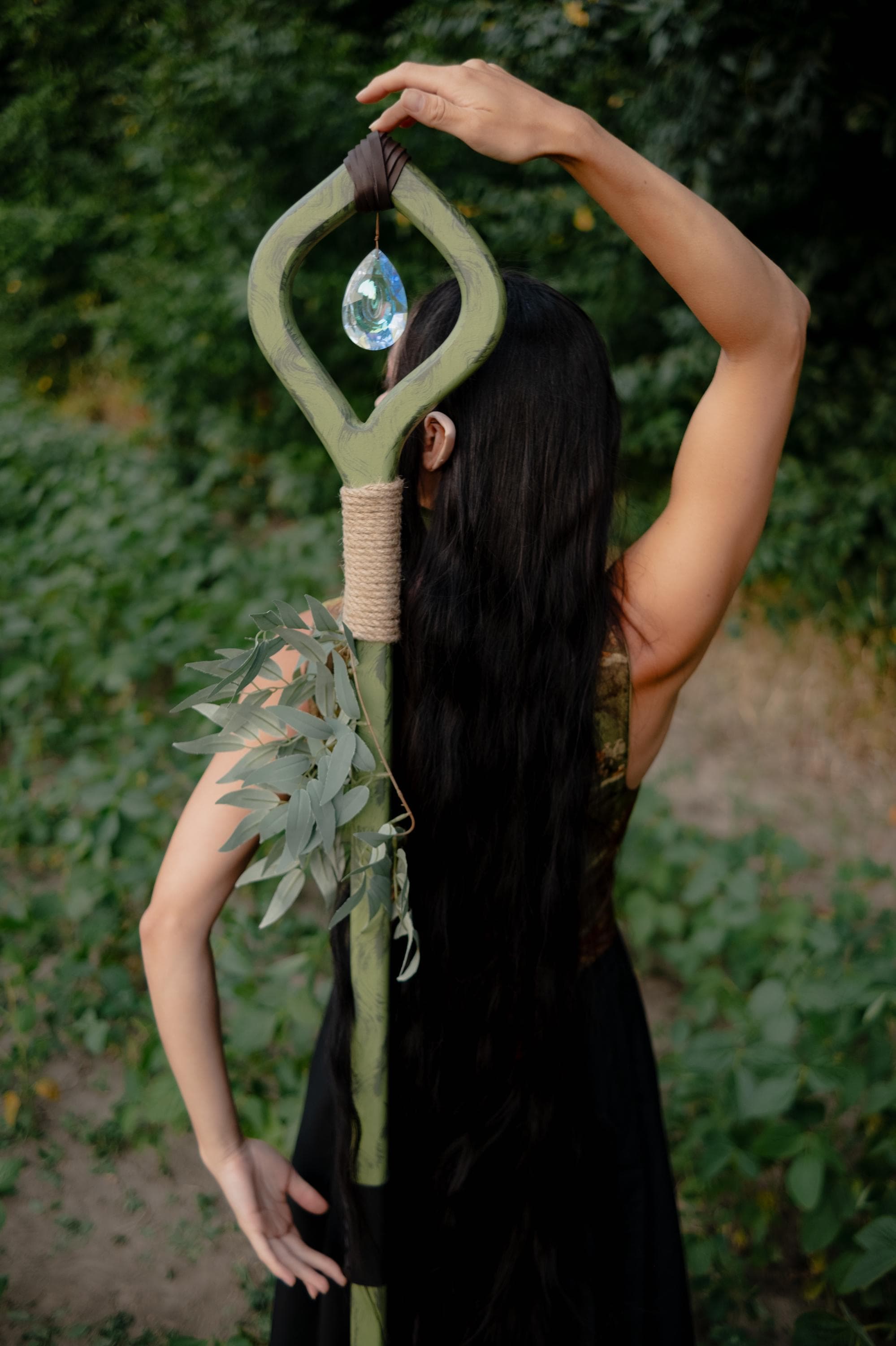 Crystal Of The Forest – Handmade Wooden Staff with Glass Crystal, Nature Staff for Cosplay