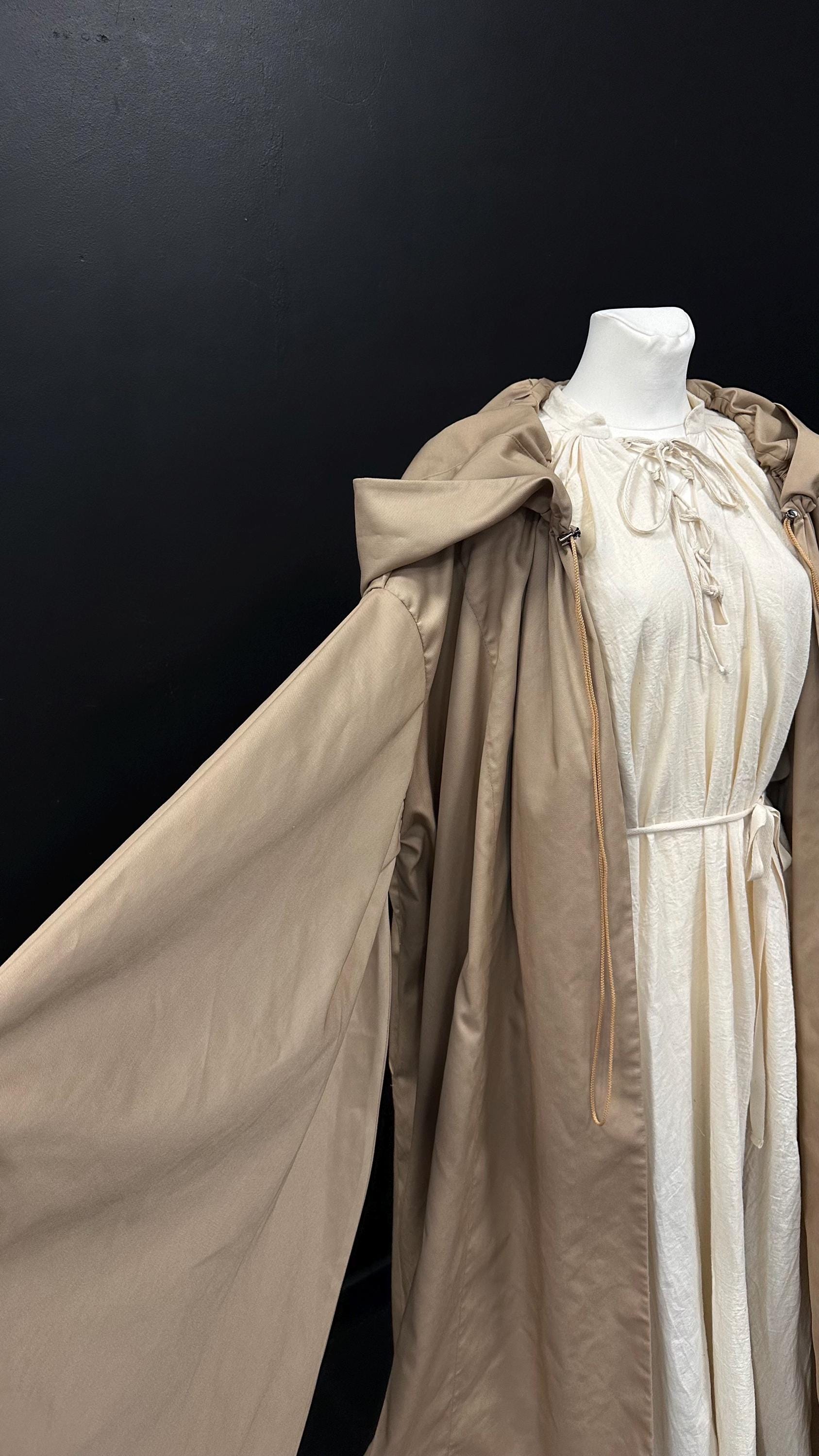 Golden Beige Linen Cloak and Muslin Tunic – Medieval Earth Tone Outfit, Artisan Renaissance Clothing, Natural Handmade Ensemble