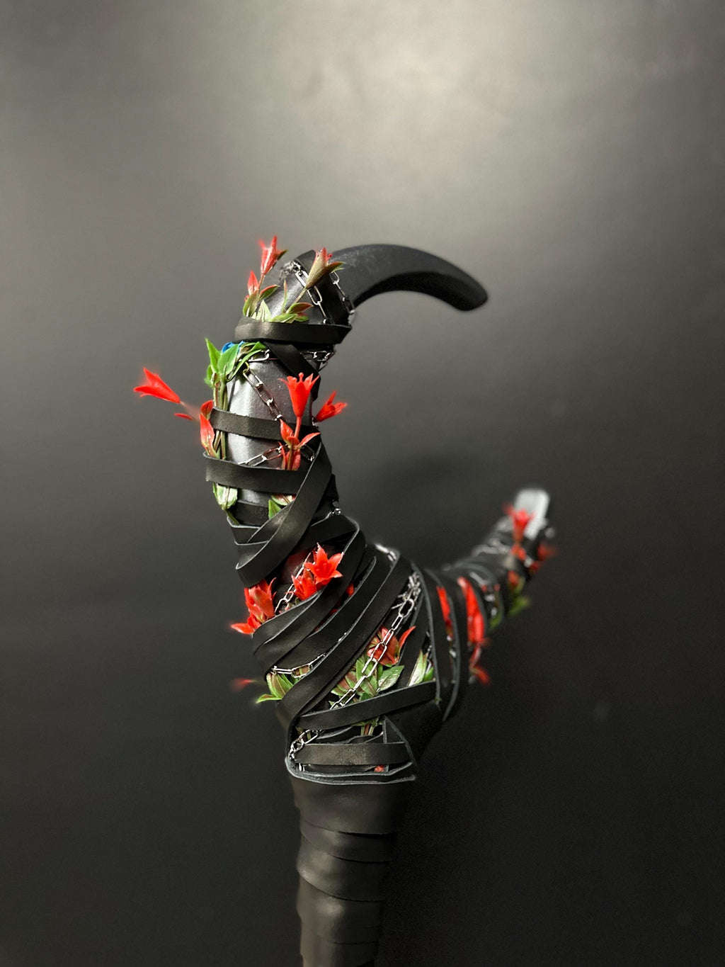 Blooming Nightshade Moon Staff – Wooden Fantasy Cosplay Staff, Silver Moon Color with Red Bellflower, Handcrafted Wizard Staff