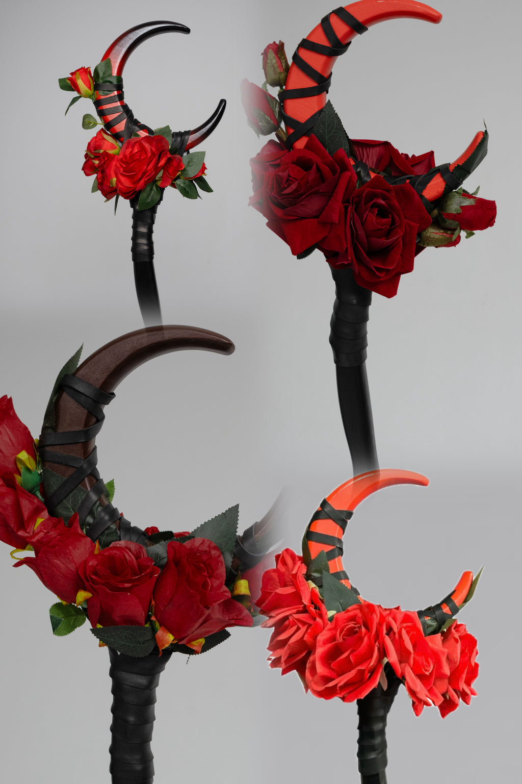 Crimson Rose Crescent Moon Staff available in four variations: Rosebud Burgundy, Blood Rose, Vivid Red, and Midnight Rose