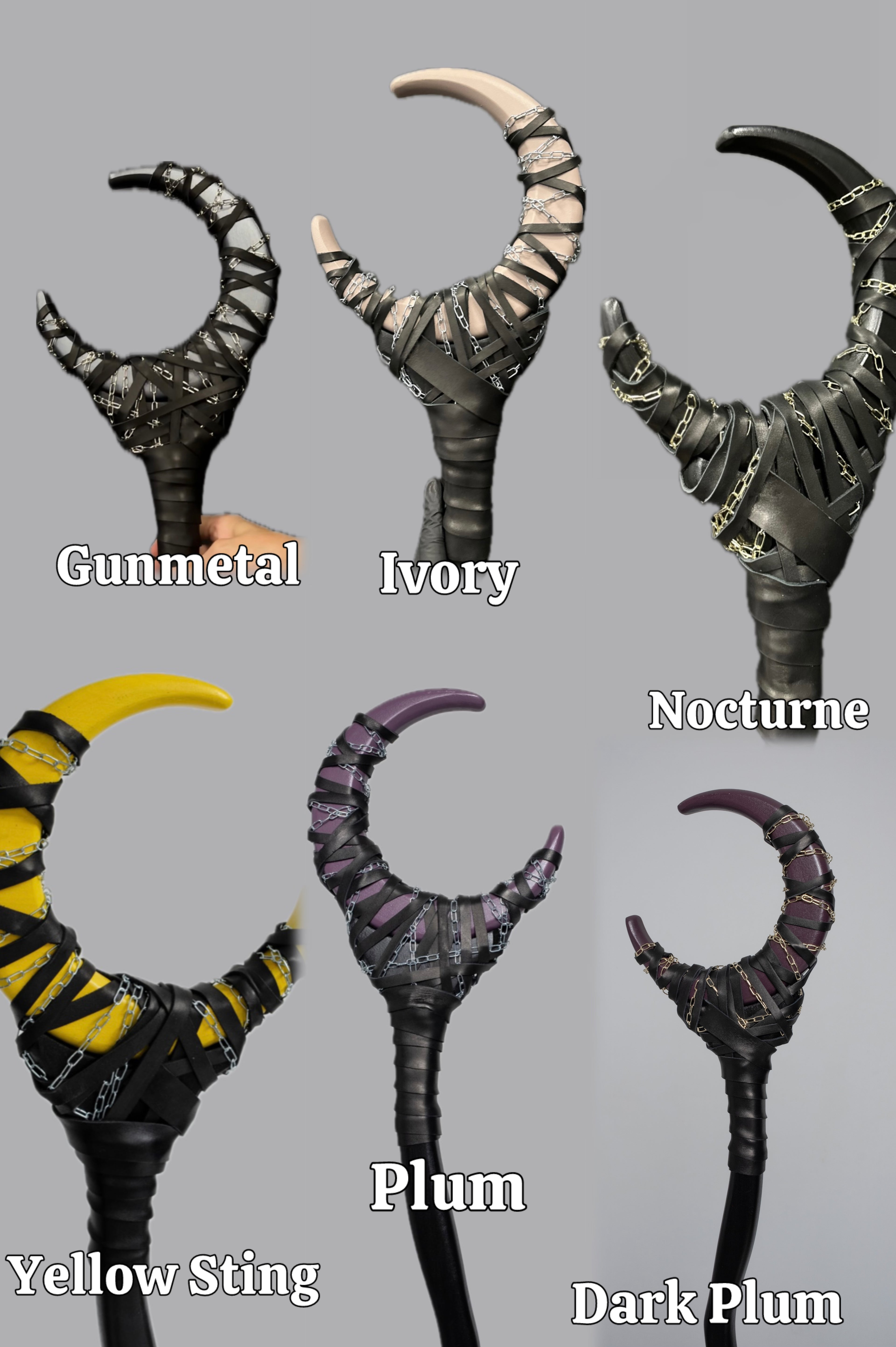 Chained Crescent Moon Staff available in six variations: Plum, Gun Metal, Dark Plum Shadow, Nocturne, Ivory Dawn, and Yellow Moon Sting