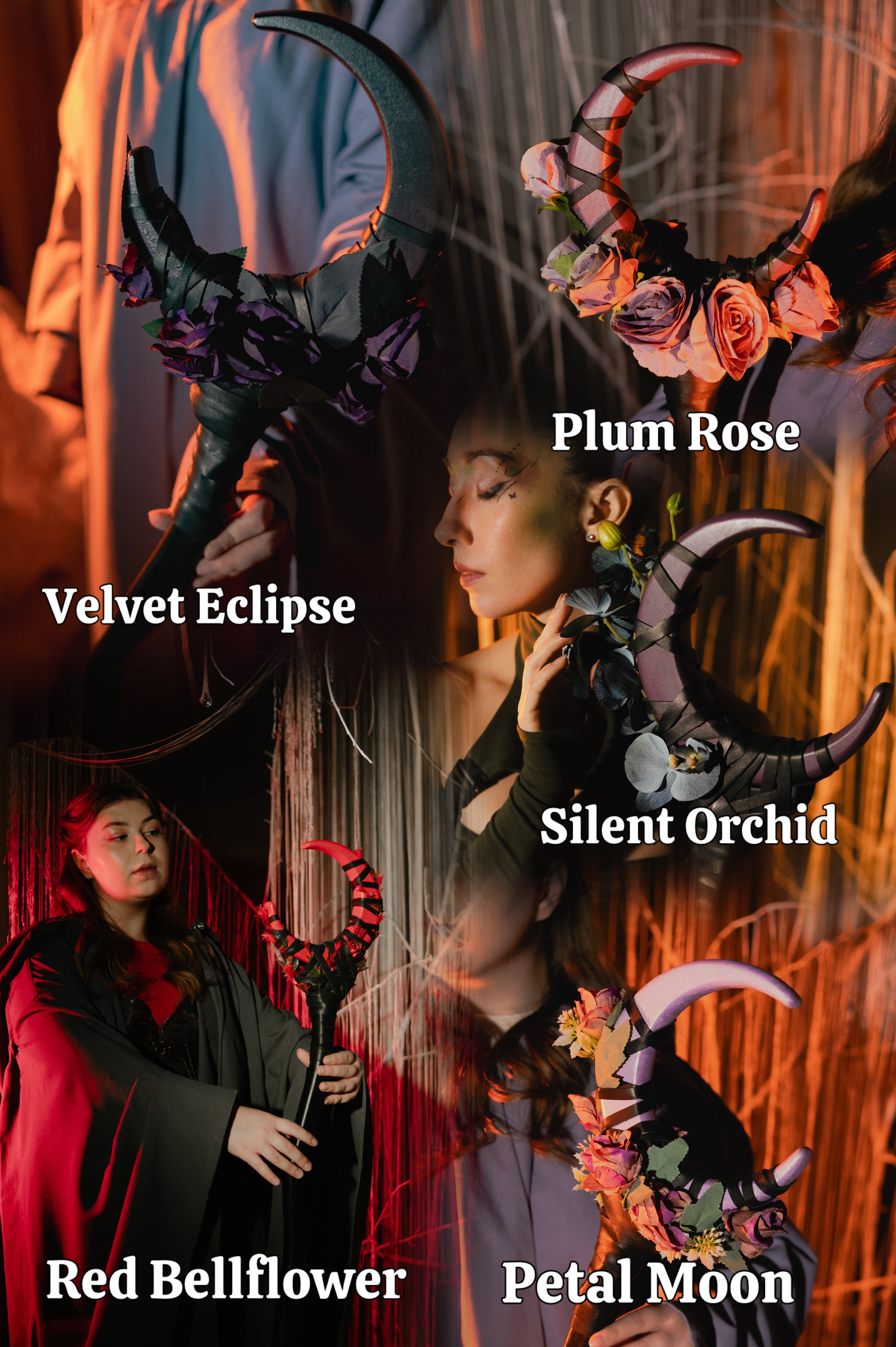 'Velvet Eclipse', 'Plum Rose', 'Red Bellflower', 'Silent Orchid', and 'Petal Moon' staffs