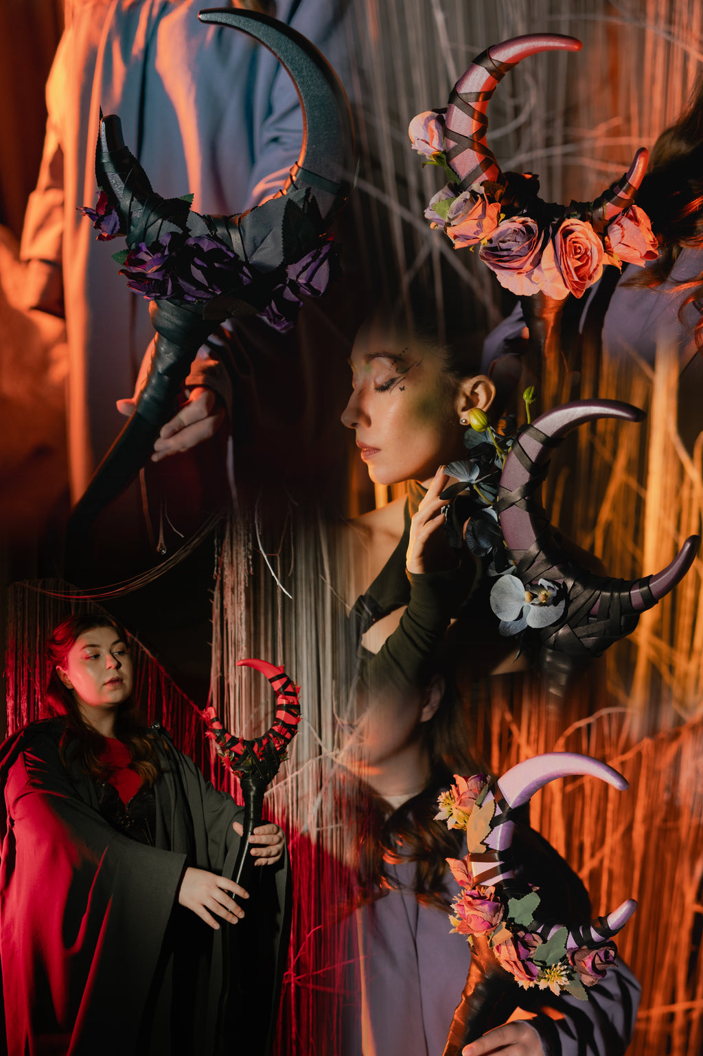Collage of a person wearing a decorative headpiece with horns and flowers against a blurred background.