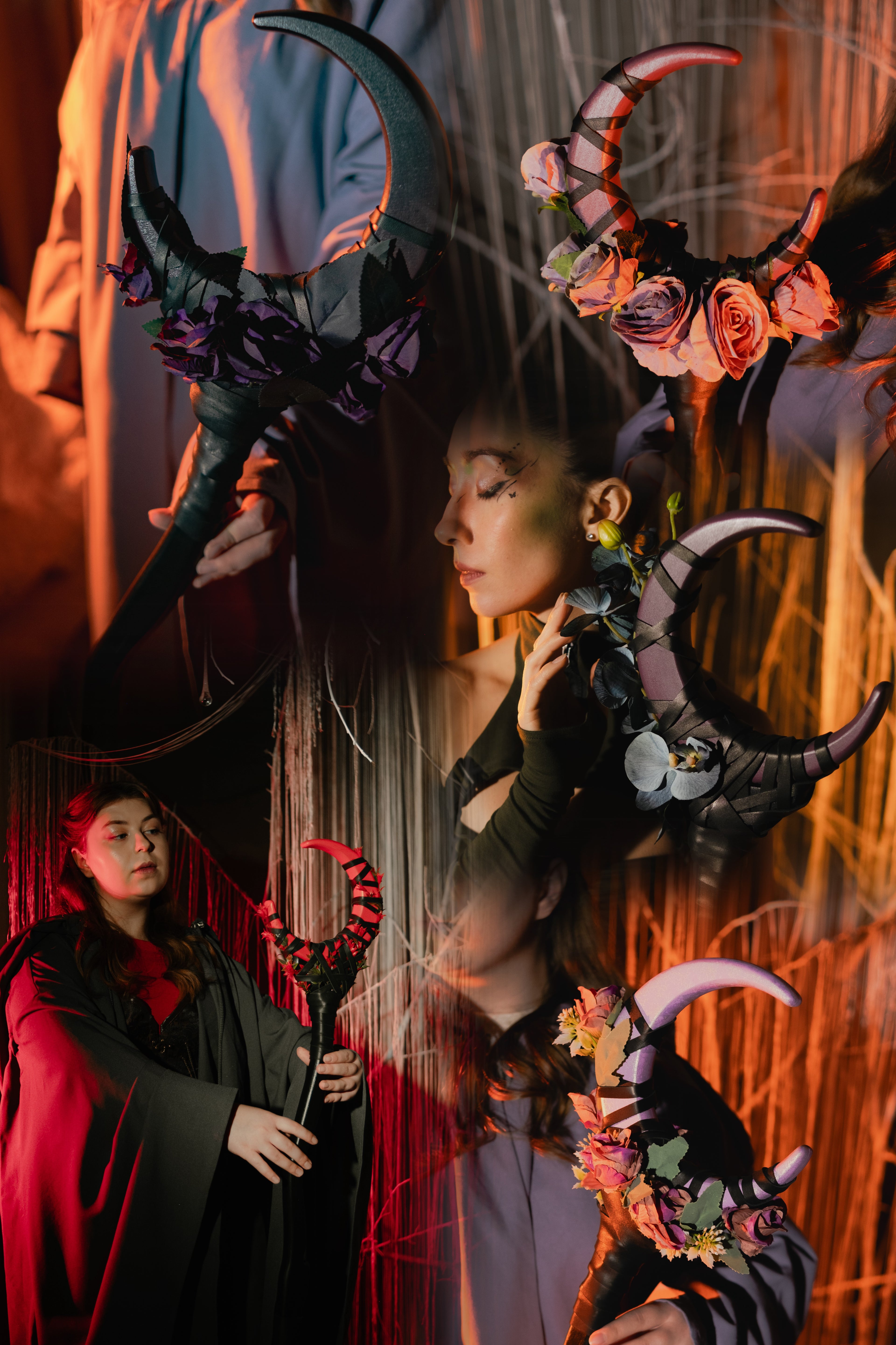 Collage of a person wearing a decorative headpiece with horns and flowers against a blurred background.